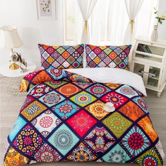 3 PC Set Bright Colorful Mandala Pattern Duvet Cover and Pillow Cases - Picture 1 of 9